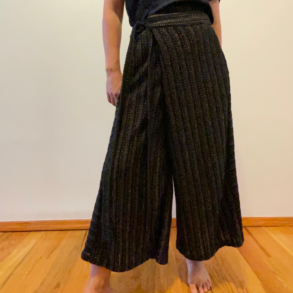 Eva Franco Anthropologie wide-leg cotton black and gold metallic woven pants